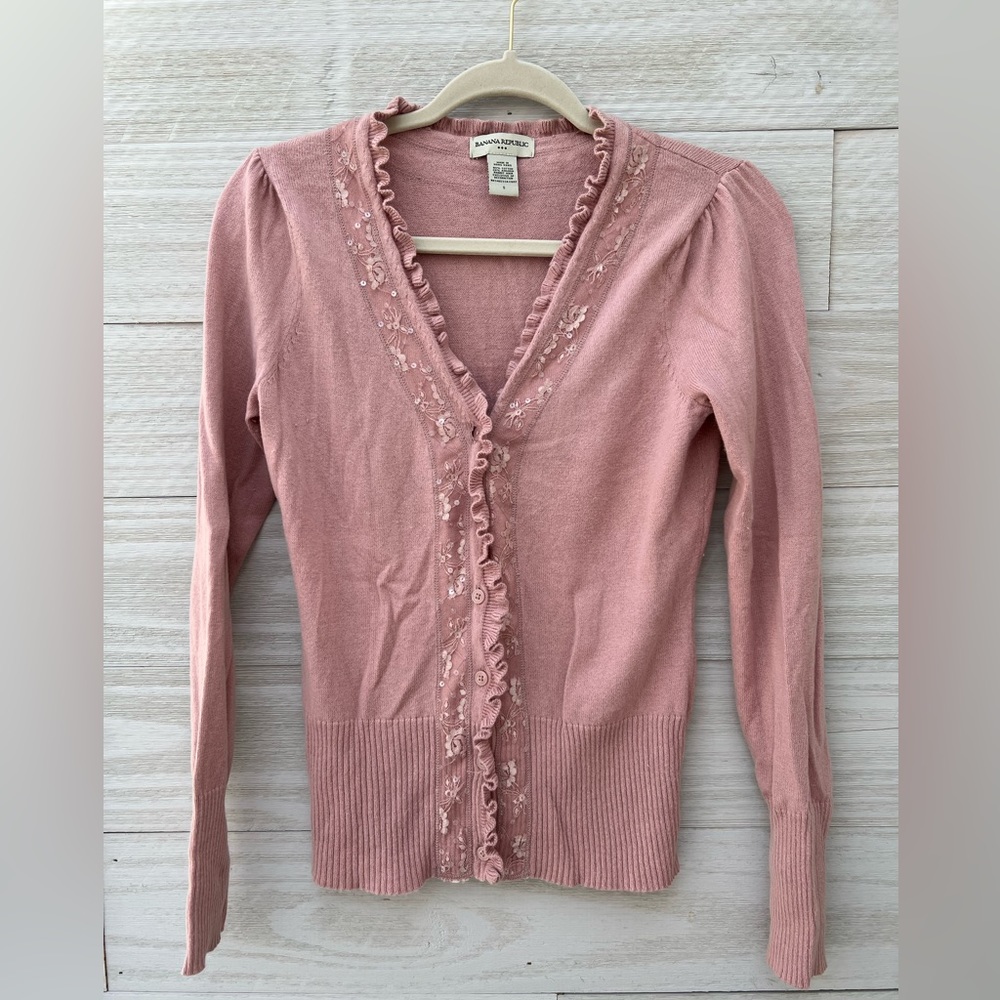 Banana Republic Sweater with Puff Sleeves Lace Ruffled Button Up Carnigan Angora